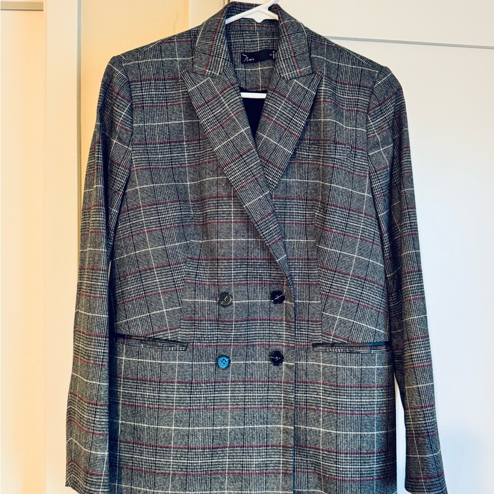 Gray Plaid Double-Breasted Blazer